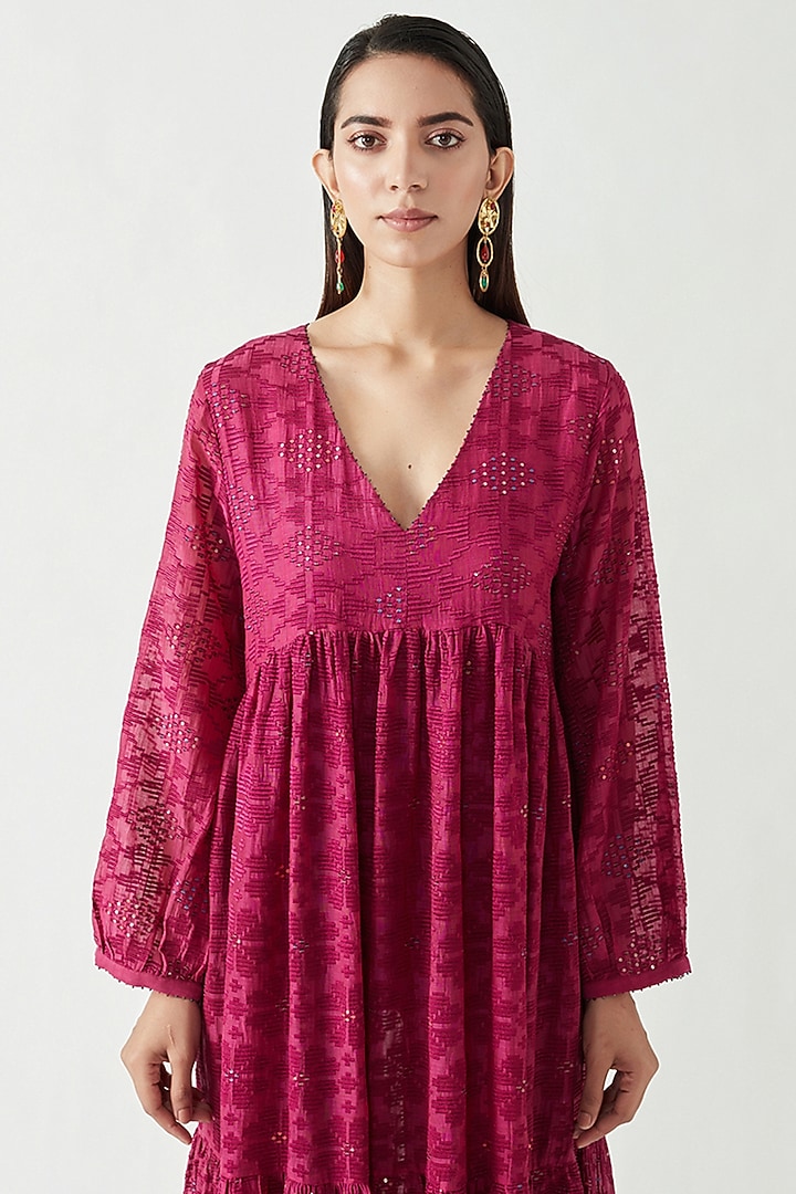 Fuchsia Cotton Silk Embroidered Tiered Party Wear Dress by Payal Pratap at Pernia's Pop Up Shop