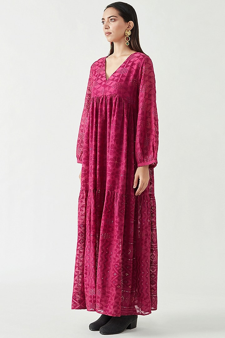 Fuchsia Cotton Silk Embroidered Tiered Party Wear Dress by Payal Pratap at Pernia's Pop Up Shop