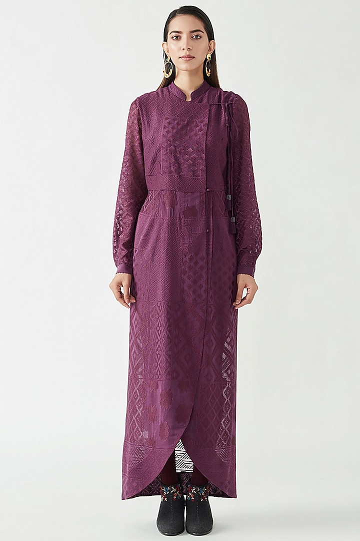 Aubergine Cotton Silk Embroidered Wrap Dress by Payal Pratap at Pernia's Pop Up Shop