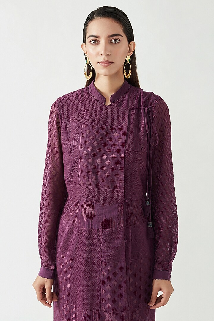 Aubergine Cotton Silk Embroidered Wrap Cocktail Dress by Payal Pratap at Pernia's Pop Up Shop