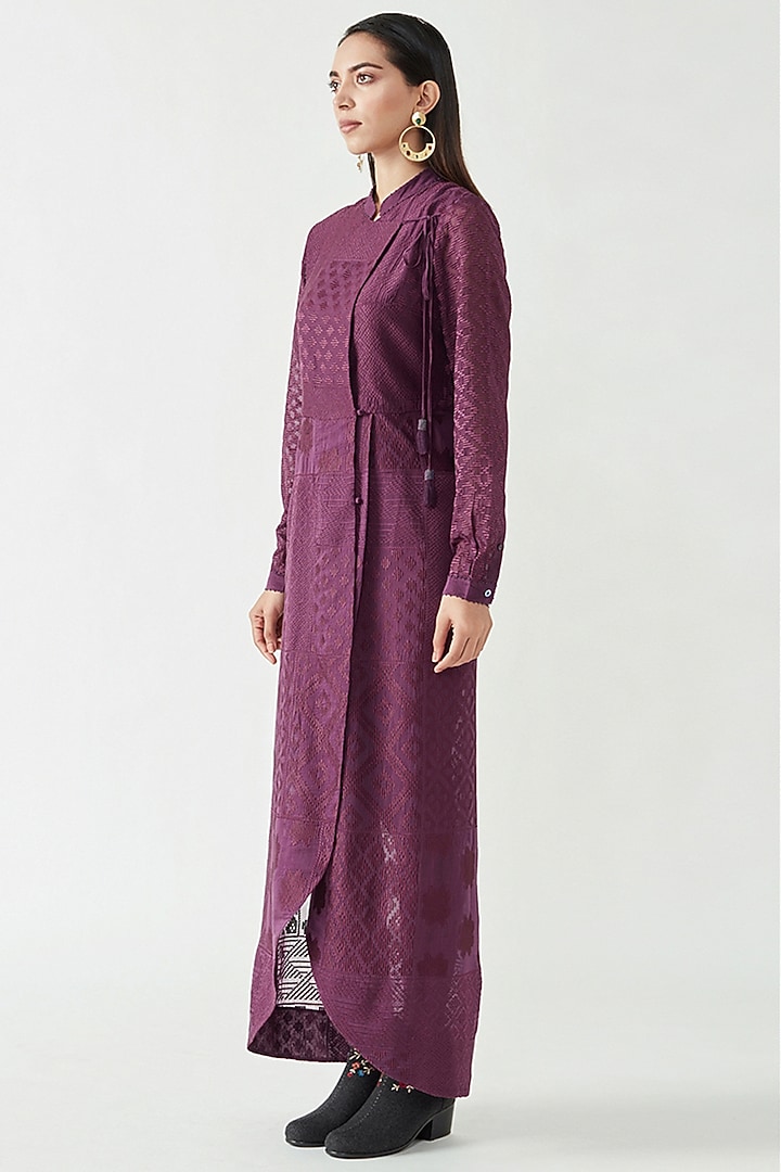 Aubergine Cotton Silk Embroidered Wrap Cocktail Dress by Payal Pratap at Pernia's Pop Up Shop