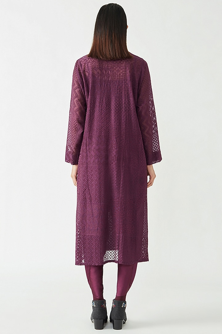 Aubergine Cotton Silk Embroidered Wrap Kurta Set by Payal Pratap at Pernia's Pop Up Shop