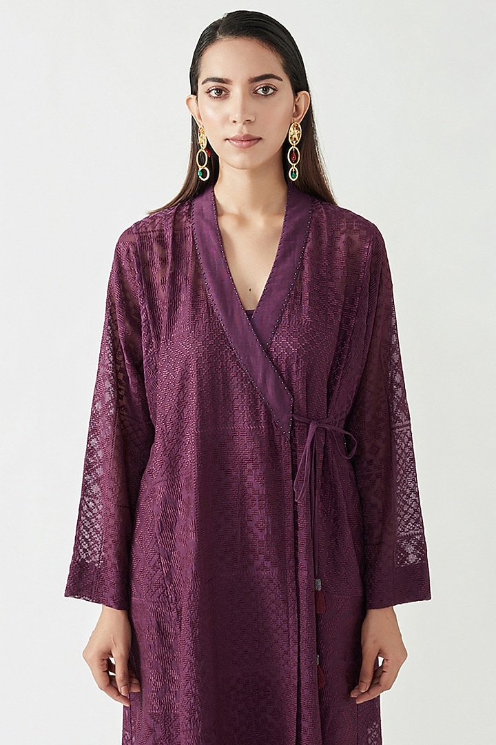 Aubergine Cotton Silk Embroidered Wrap Kurta Set by Payal Pratap at Pernia's Pop Up Shop