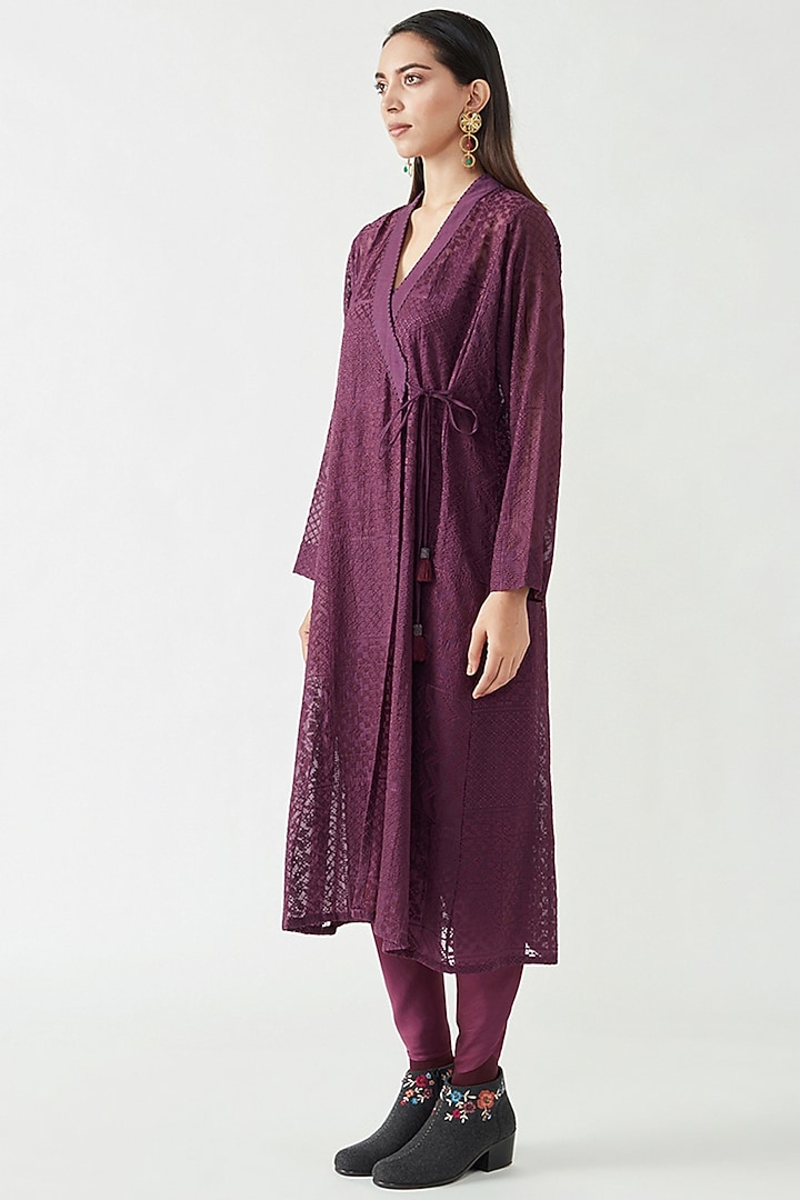 Aubergine Cotton Silk Embroidered Wrap Kurta Set by Payal Pratap at Pernia's Pop Up Shop