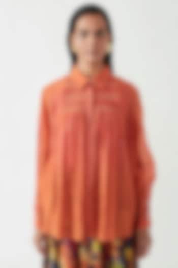 Saffron Cotton Silk Smocked Shirt by Payal Pratap