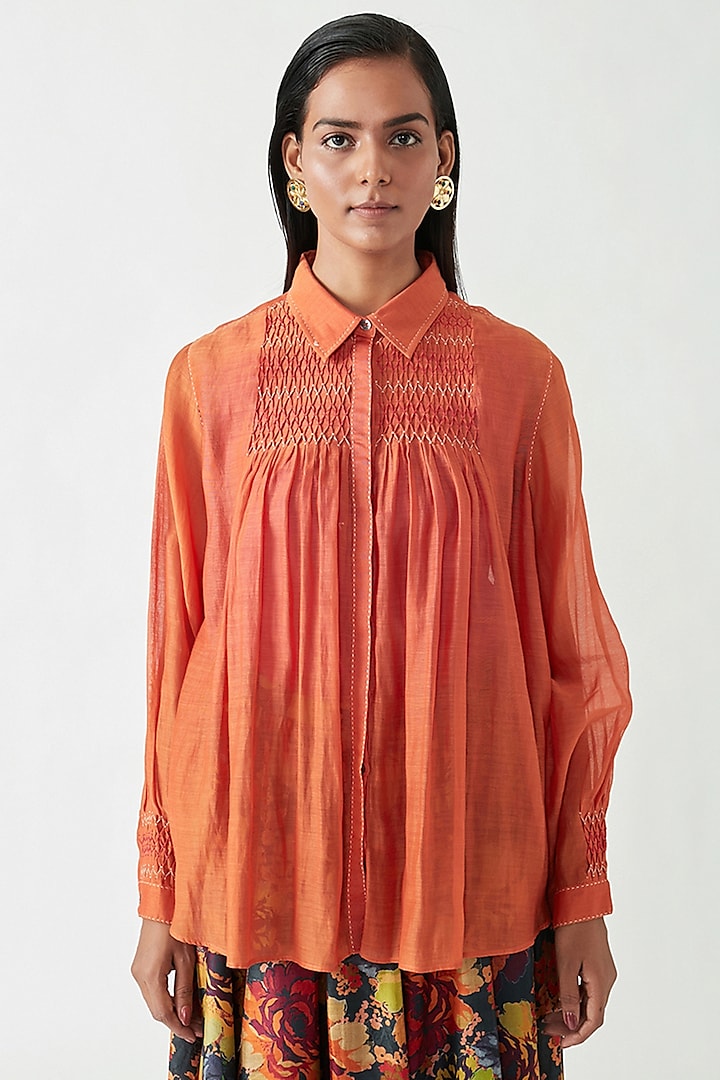 Saffron Cotton Silk Smocked Shirt by Payal Pratap