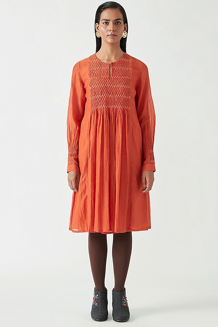 Rust Saffron Cotton Silk Tunic Dress by Payal Pratap