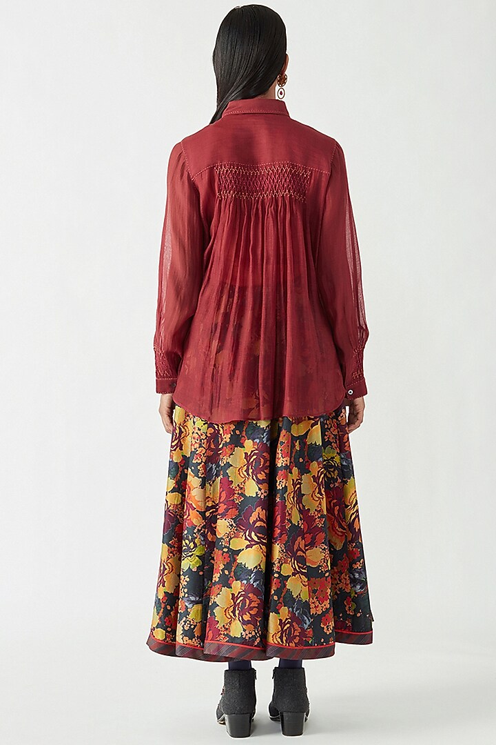 Maroon Cotton Silk Smocked Shirt by Payal Pratap at Pernia's Pop Up Shop