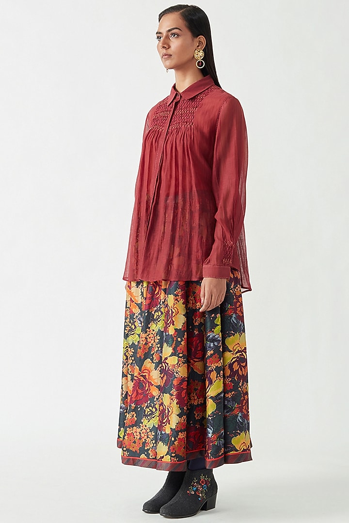 Maroon Cotton Silk Smocked Shirt by Payal Pratap at Pernia's Pop Up Shop