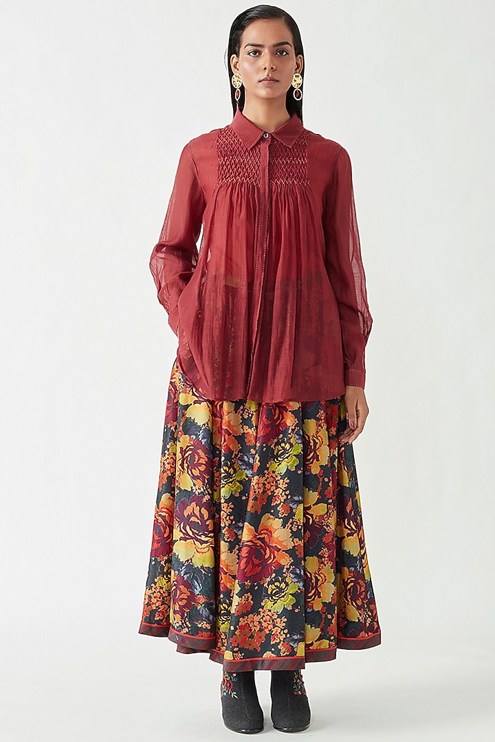 Maroon Cotton Silk Smocked Shirt by Payal Pratap at Pernia's Pop Up Shop