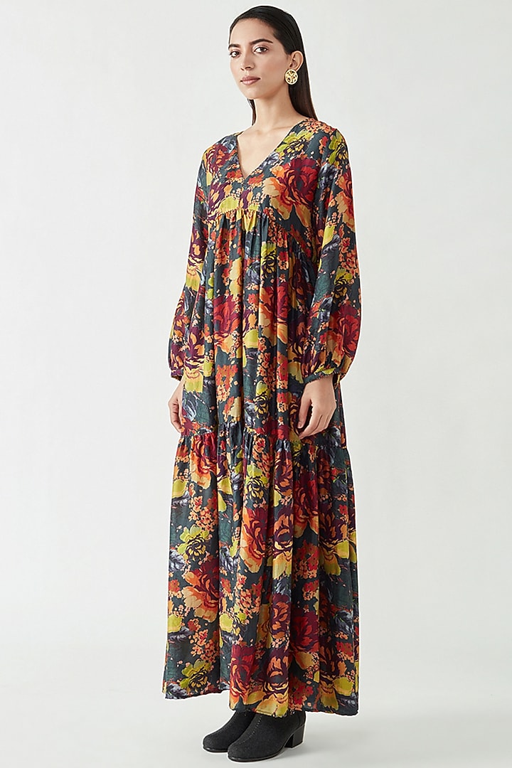 Multi-Colored Mulberry Silk Printed Maxi Vacation Dress by Payal Pratap at Pernia's Pop Up Shop