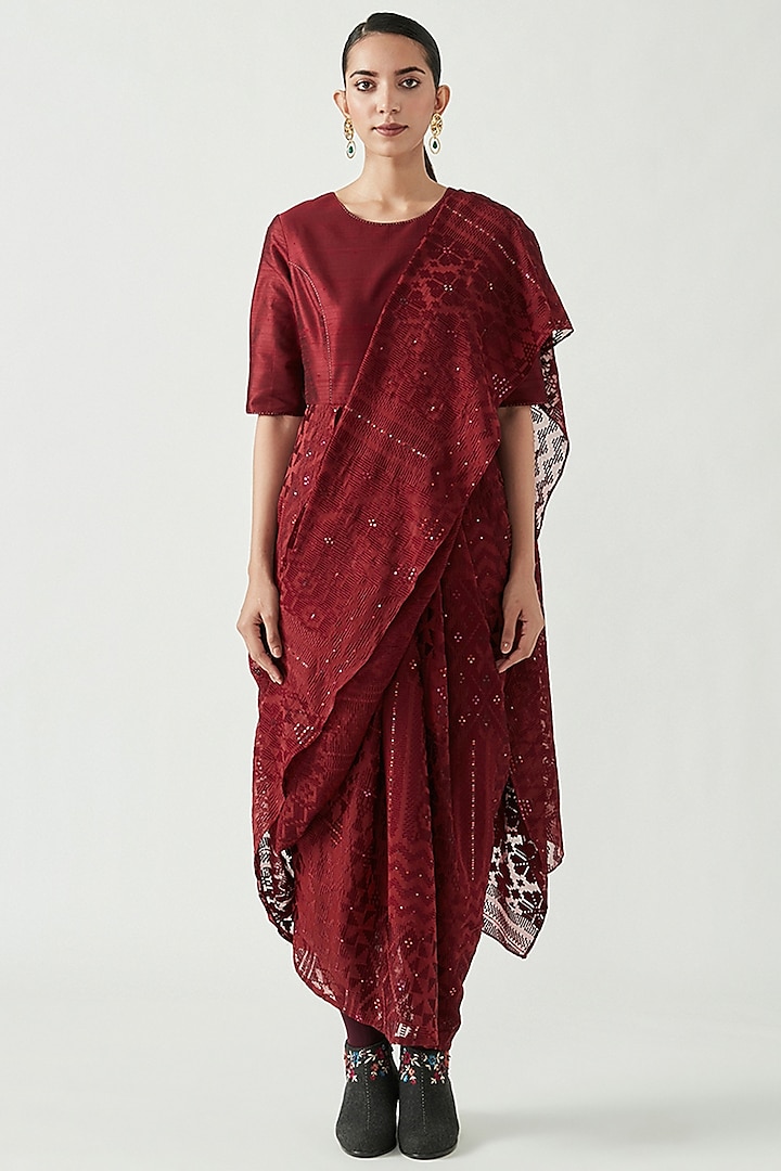 Wine Cotton Silk Embroidered Draped Saree Dress by Payal Pratap