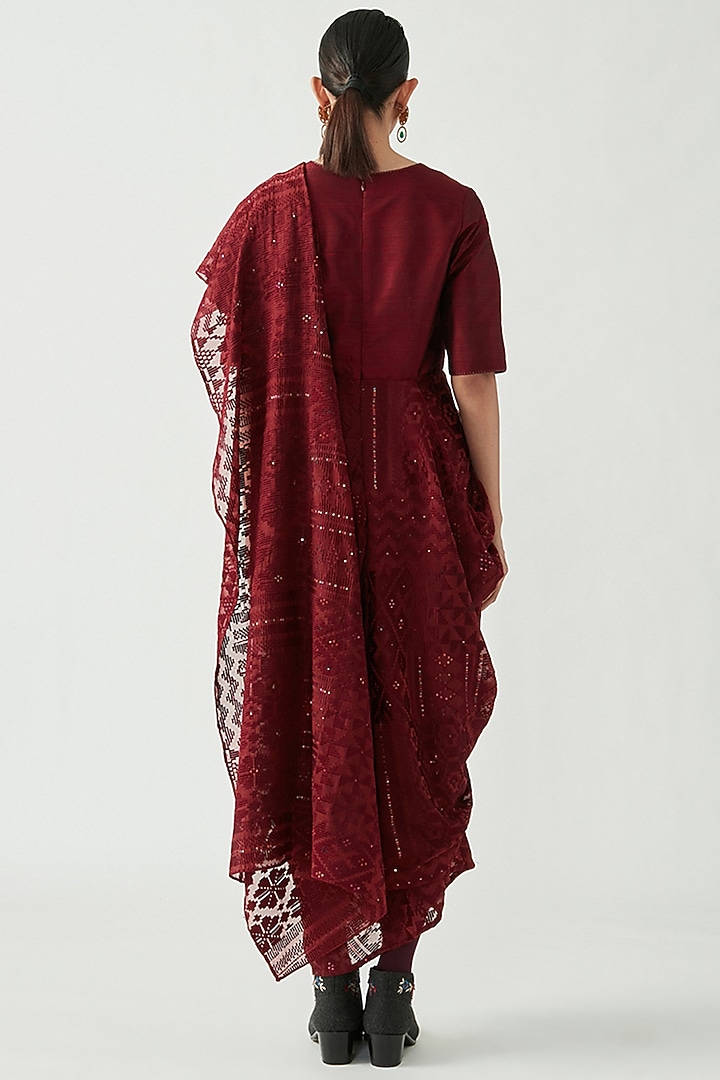 Wine Cotton Silk Embroidered Draped Saree Party Wear Dress by Payal Pratap at Pernia's Pop Up Shop