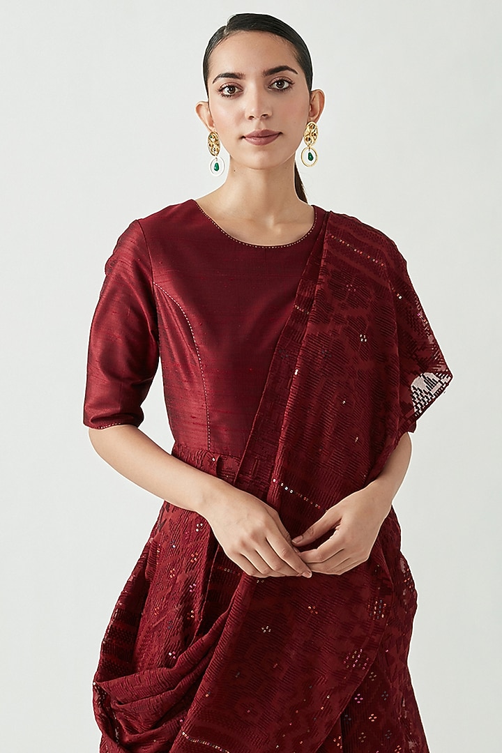 Wine Cotton Silk Embroidered Draped Saree Party Wear Dress by Payal Pratap at Pernia's Pop Up Shop