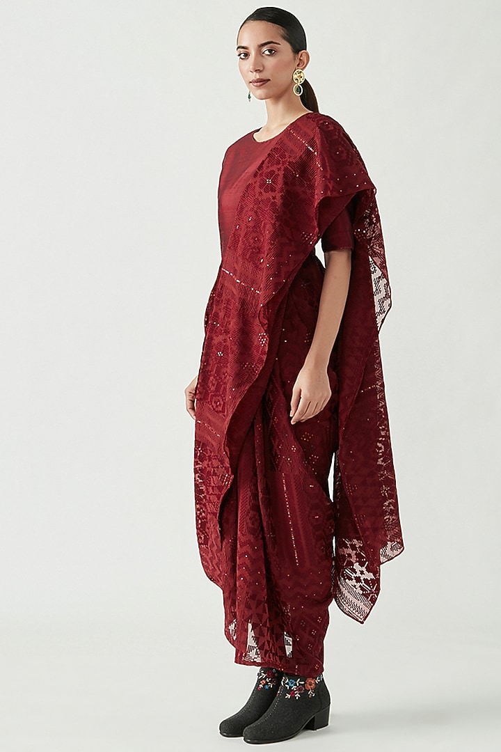 Wine Cotton Silk Embroidered Draped Saree Party Wear Dress by Payal Pratap at Pernia's Pop Up Shop