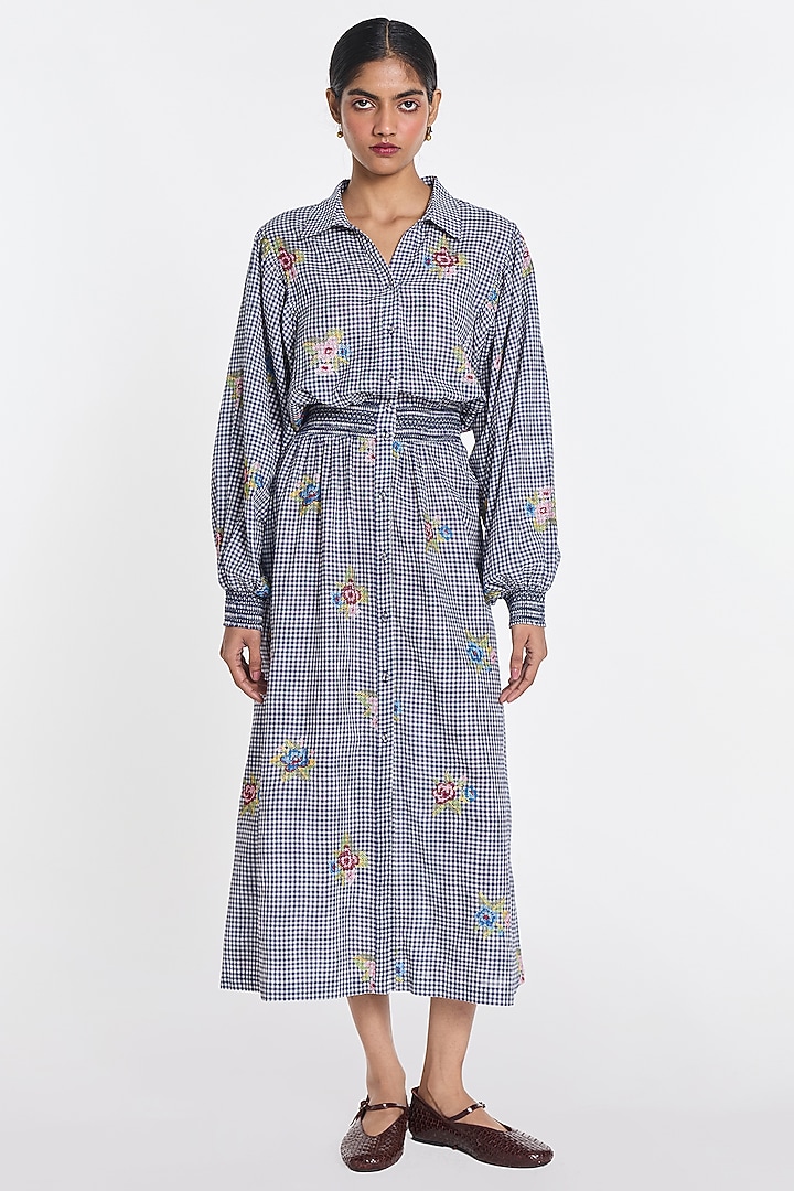 Blue Handloom Cotton Cross-Stitch Embroidered Midi Vacation Dress by Payal Pratap at Pernia's Pop Up Shop