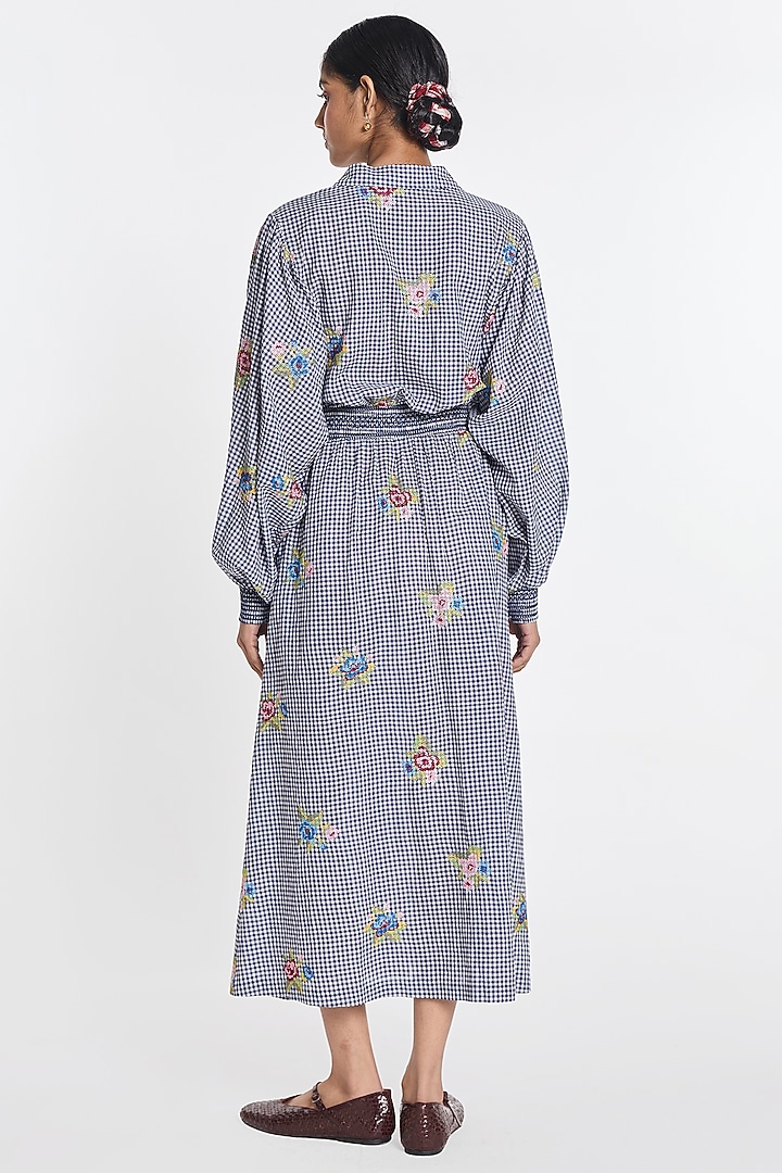 Blue Handloom Cotton Cross-Stitch Embroidered Midi Vacation Dress by Payal Pratap at Pernia's Pop Up Shop