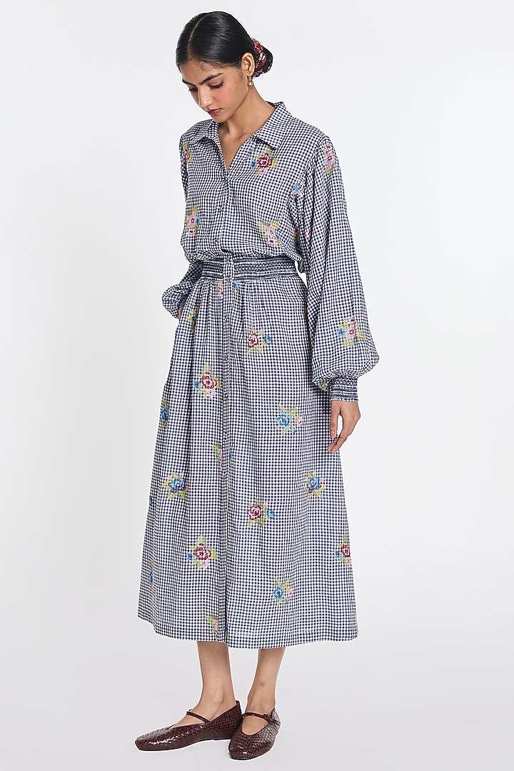 Blue Handloom Cotton Cross-Stitch Embroidered Midi Vacation Dress by Payal Pratap at Pernia's Pop Up Shop