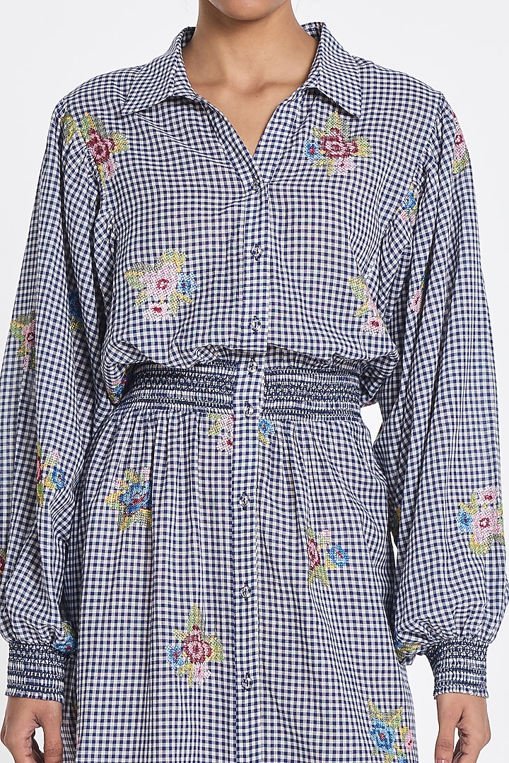 Blue Handloom Cotton Cross-Stitch Embroidered Midi Vacation Dress by Payal Pratap at Pernia's Pop Up Shop