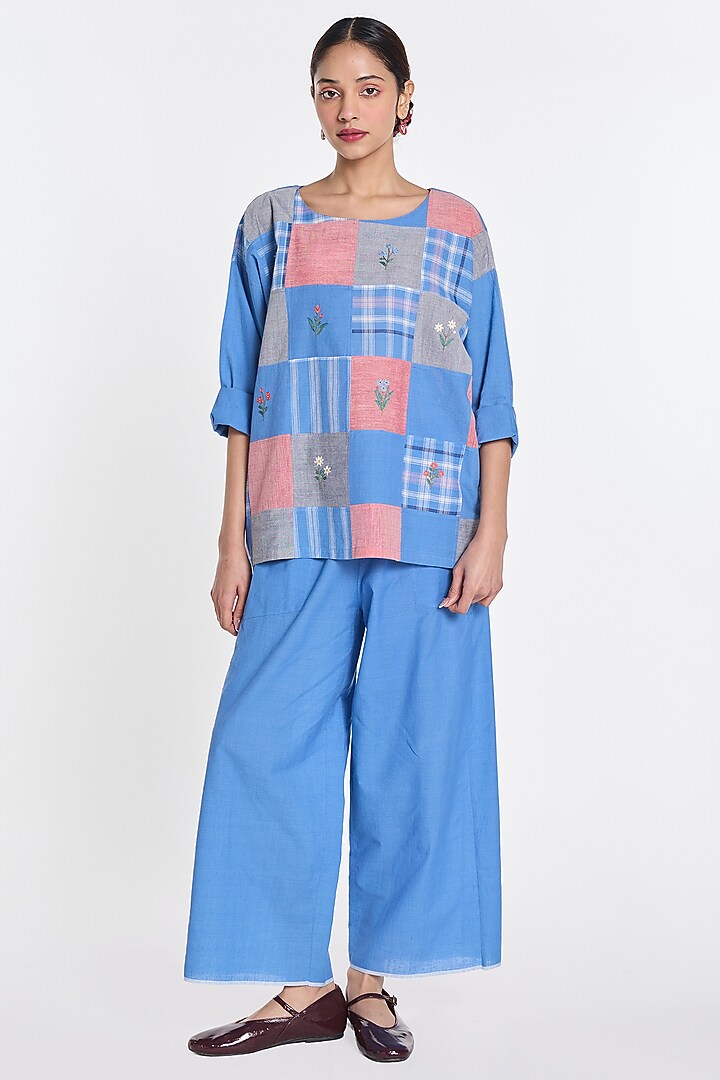 Blue Handloom Cotton Checkered Top by Payal Pratap at Pernia's Pop Up Shop