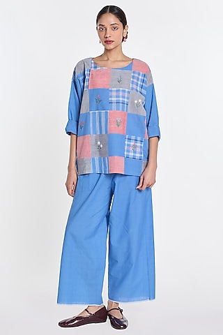 Blue Handloom Cotton Checkered Top by Payal Pratap