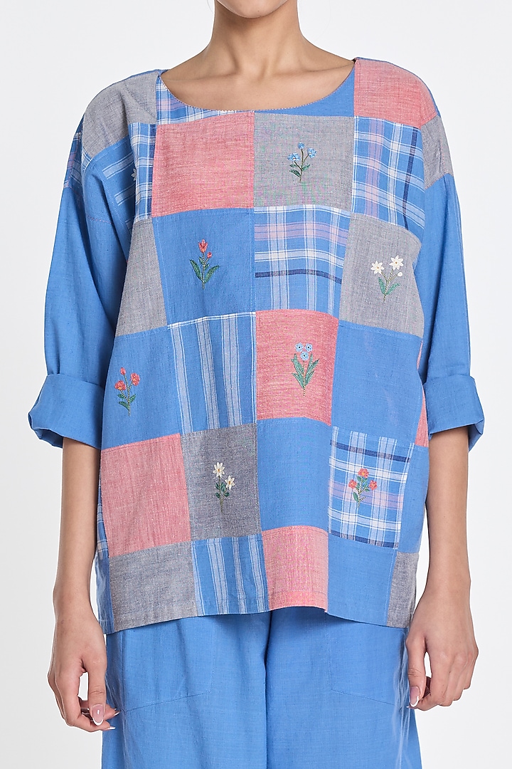 Blue Handloom Cotton Checkered Top by Payal Pratap at Pernia's Pop Up Shop