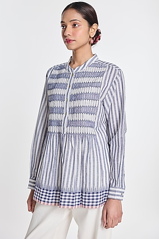 Blue Handloom Cotton Flared Top by Payal Pratap