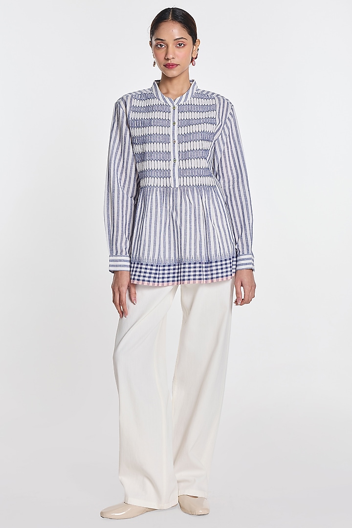 Blue Handloom Cotton Flared Top by Payal Pratap at Pernia's Pop Up Shop