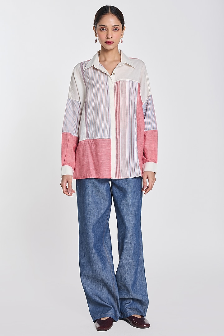 Pink & Ivory Handloom Cotton Patchwork Shirt by Payal Pratap at Pernia's Pop Up Shop