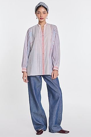 Pink & Blue Handloom Cotton Checkered Shirt by Payal Pratap
