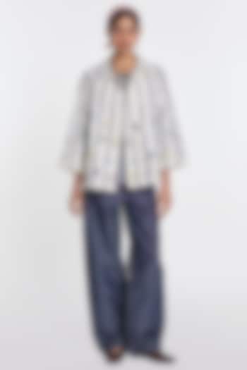 White Cotton Linen Striped Jacket by Payal Pratap at Pernia's Pop Up Shop