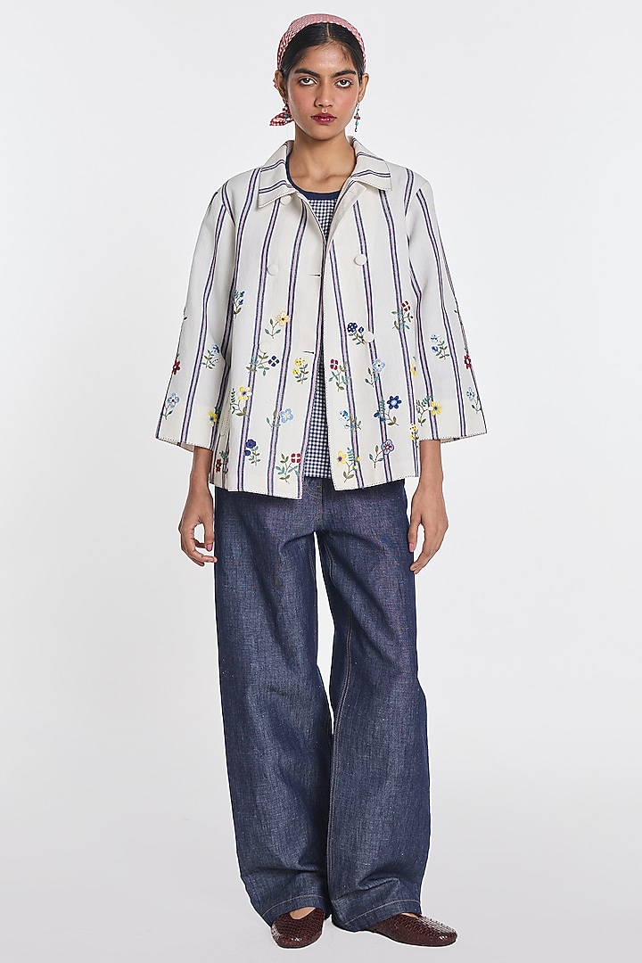 White Cotton Linen Striped Jacket by Payal Pratap at Pernia's Pop Up Shop
