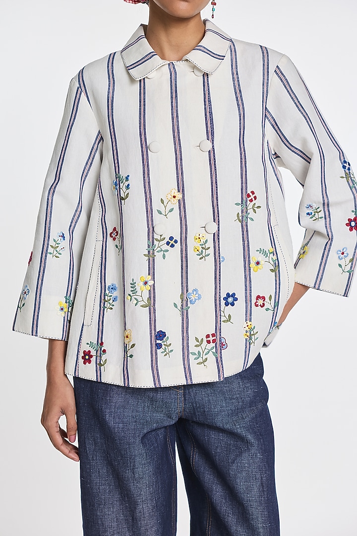 White Cotton Linen Striped Jacket by Payal Pratap at Pernia's Pop Up Shop