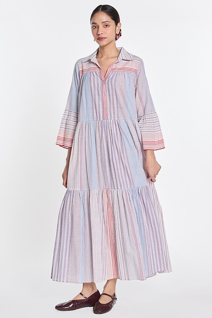 White Handloom Cotton Striped Maxi Vacation Dress by Payal Pratap at Pernia's Pop Up Shop