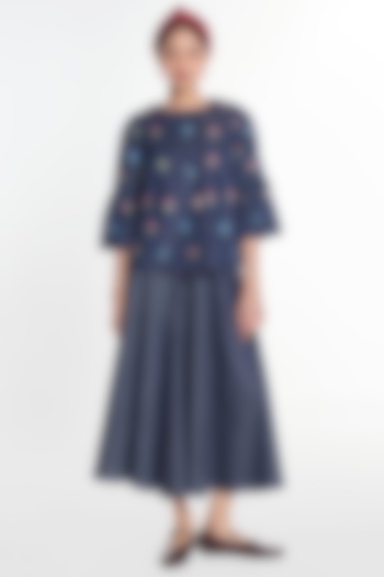 Blue Denim Floral Embroidered Peplum Jacket by Payal Pratap at Pernia's Pop Up Shop