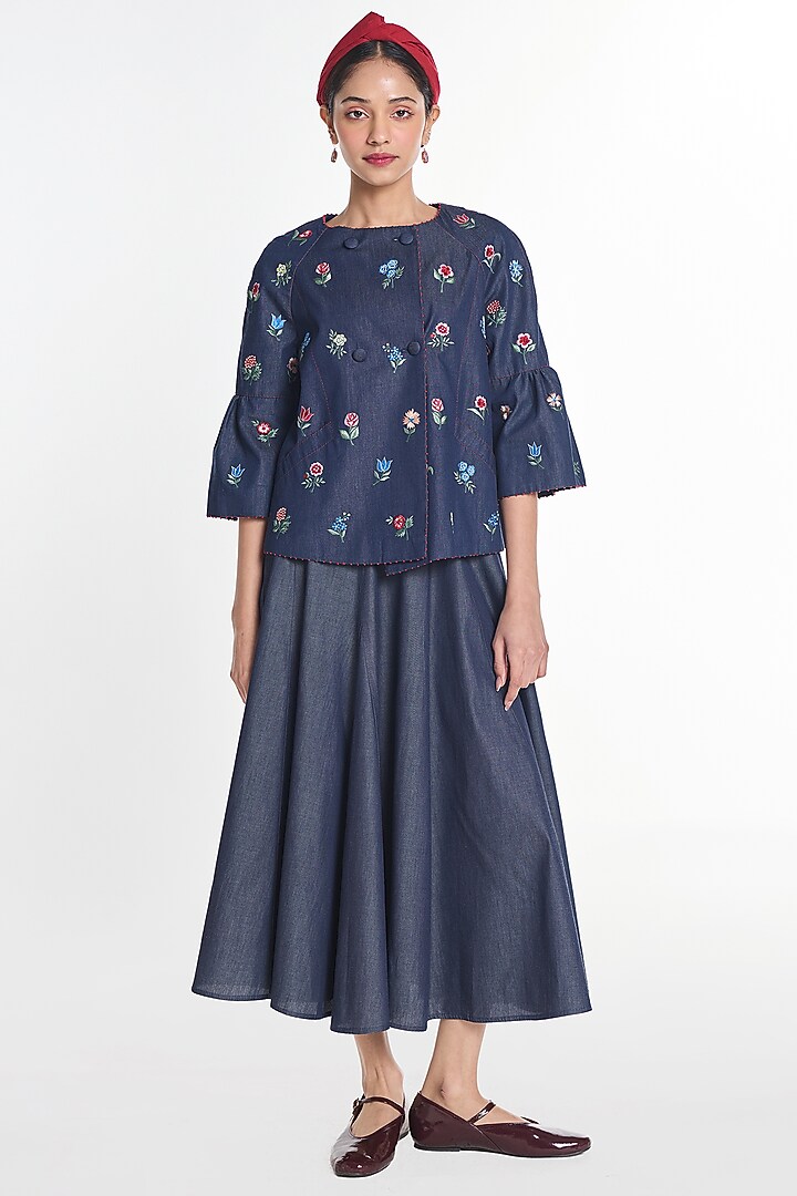 Blue Denim Floral Embroidered Peplum Jacket by Payal Pratap at Pernia's Pop Up Shop