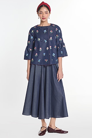 Blue Denim Floral Embroidered Peplum Jacket by Payal Pratap