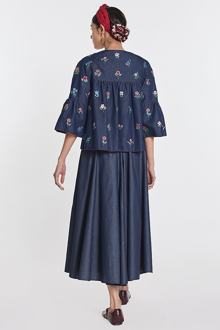 Blue Denim Floral Embroidered Peplum Jacket by Payal Pratap at Pernia's Pop Up Shop