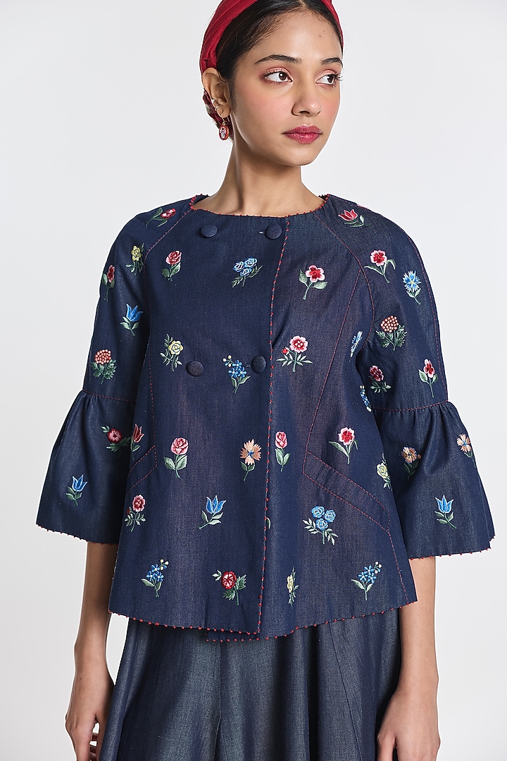 Blue Denim Floral Embroidered Peplum Jacket by Payal Pratap at Pernia's Pop Up Shop