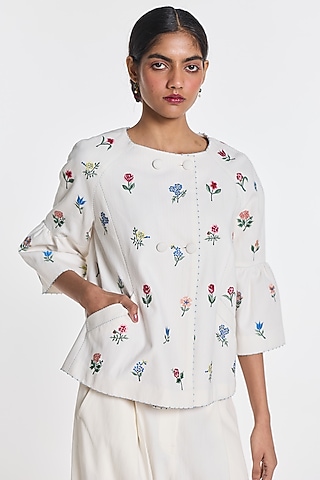 Ivory Denim Floral Embroidered Peplum Jacket by Payal Pratap