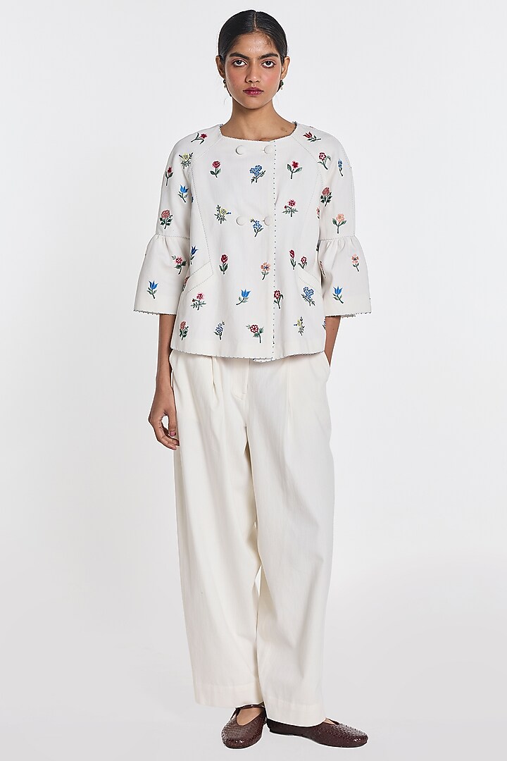 Ivory Denim Floral Embroidered Peplum Jacket by Payal Pratap at Pernia's Pop Up Shop