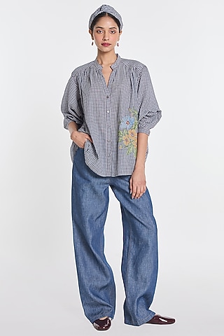 Blue Handloom Cotton Checkered Shirt by Payal Pratap