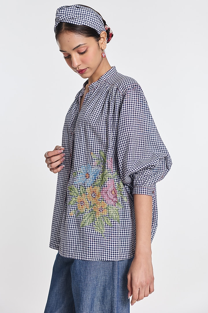 Blue Handloom Cotton Checkered Shirt by Payal Pratap at Pernia's Pop Up Shop