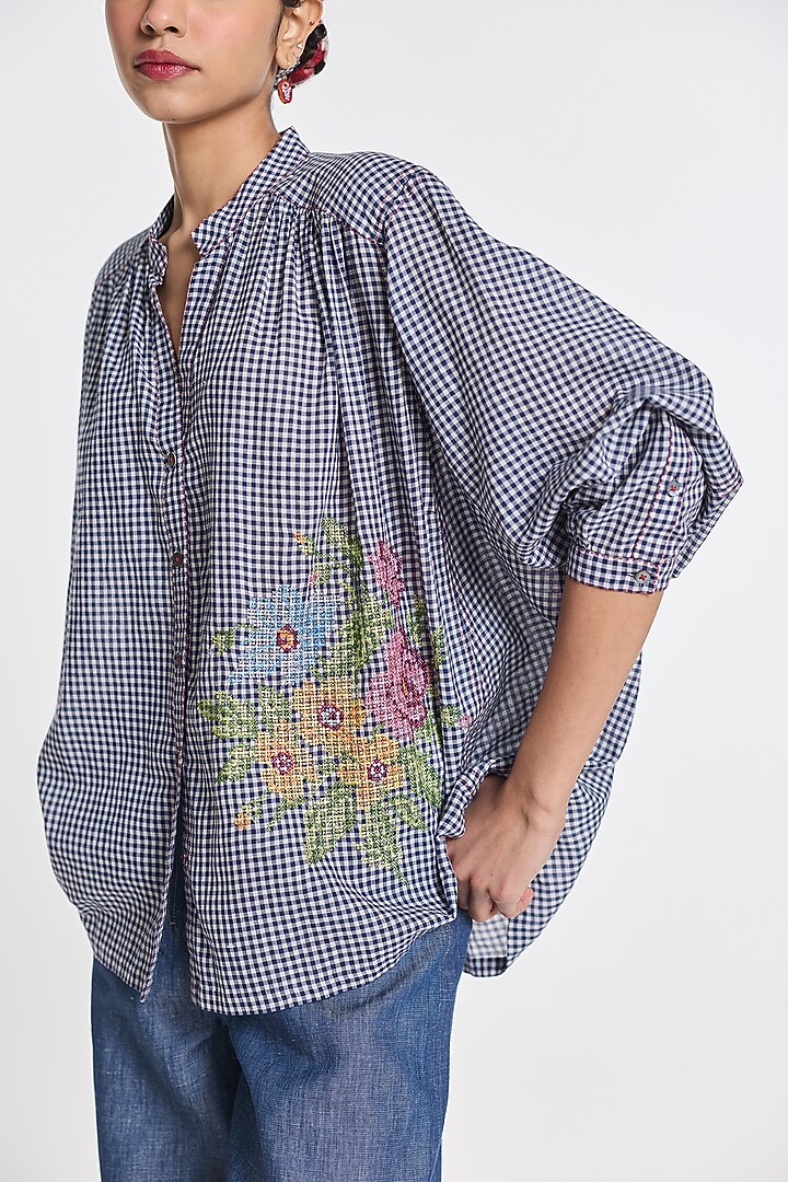 Blue Handloom Cotton Checkered Shirt by Payal Pratap at Pernia's Pop Up Shop