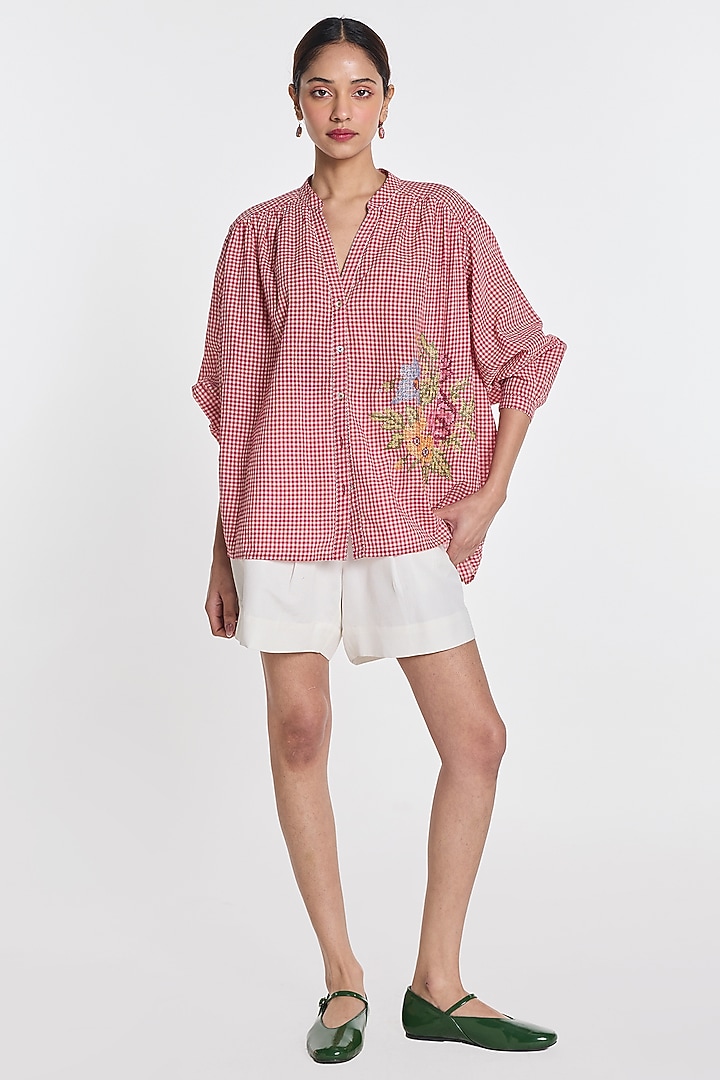 Red Handloom Cotton Checkered Shirt by Payal Pratap at Pernia's Pop Up Shop