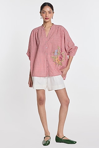 Red Handloom Cotton Checkered Shirt by Payal Pratap