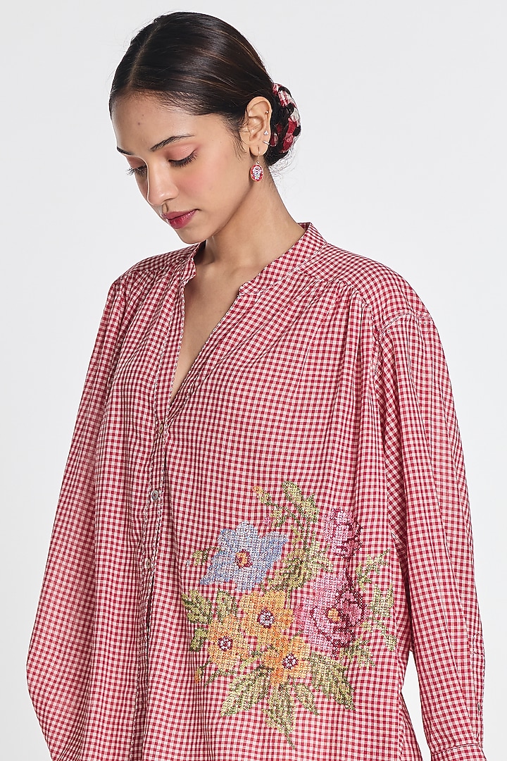 Red Handloom Cotton Checkered Shirt by Payal Pratap at Pernia's Pop Up Shop