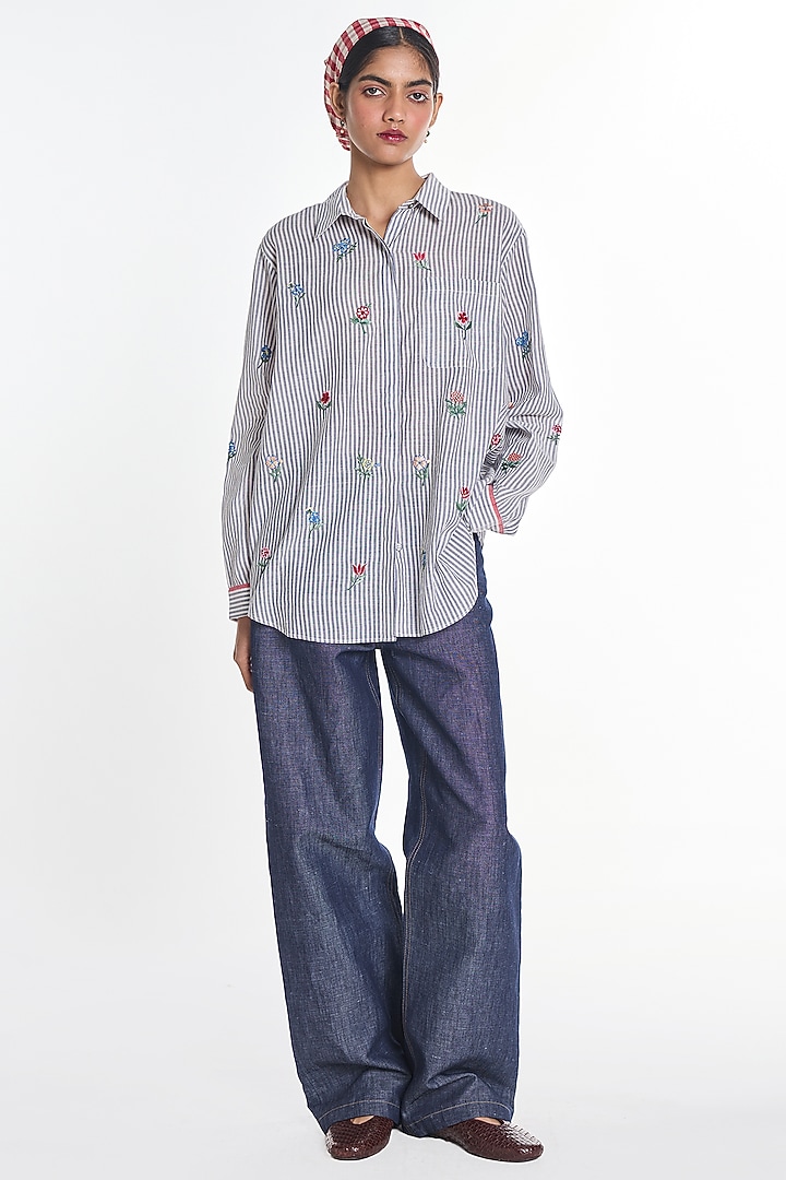 Grey Handloom Cotton Striped Shirt by Payal Pratap at Pernia's Pop Up Shop