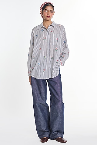 Grey Handloom Cotton Striped Shirt by Payal Pratap