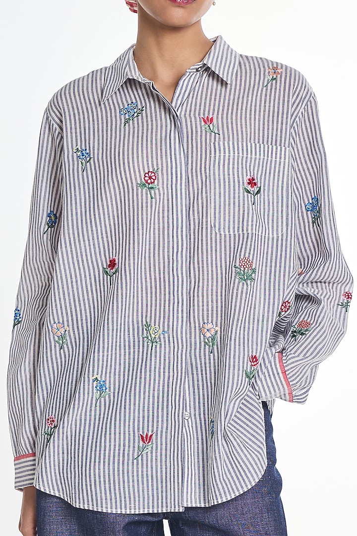 Grey Handloom Cotton Striped Shirt by Payal Pratap at Pernia's Pop Up Shop